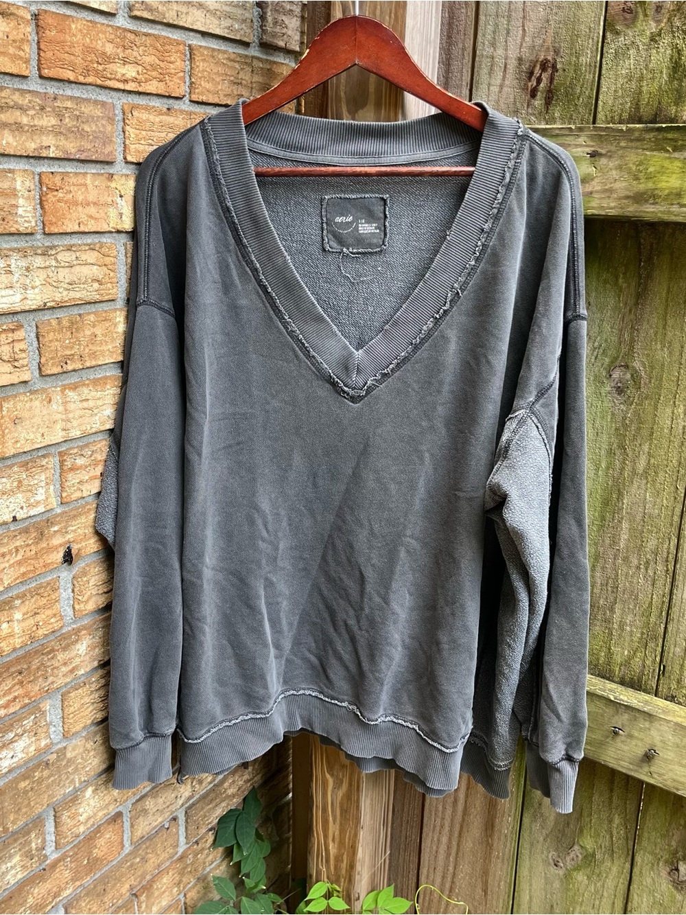 Aerie Oversized Washed Charcoal V-Neck Sweatshirt